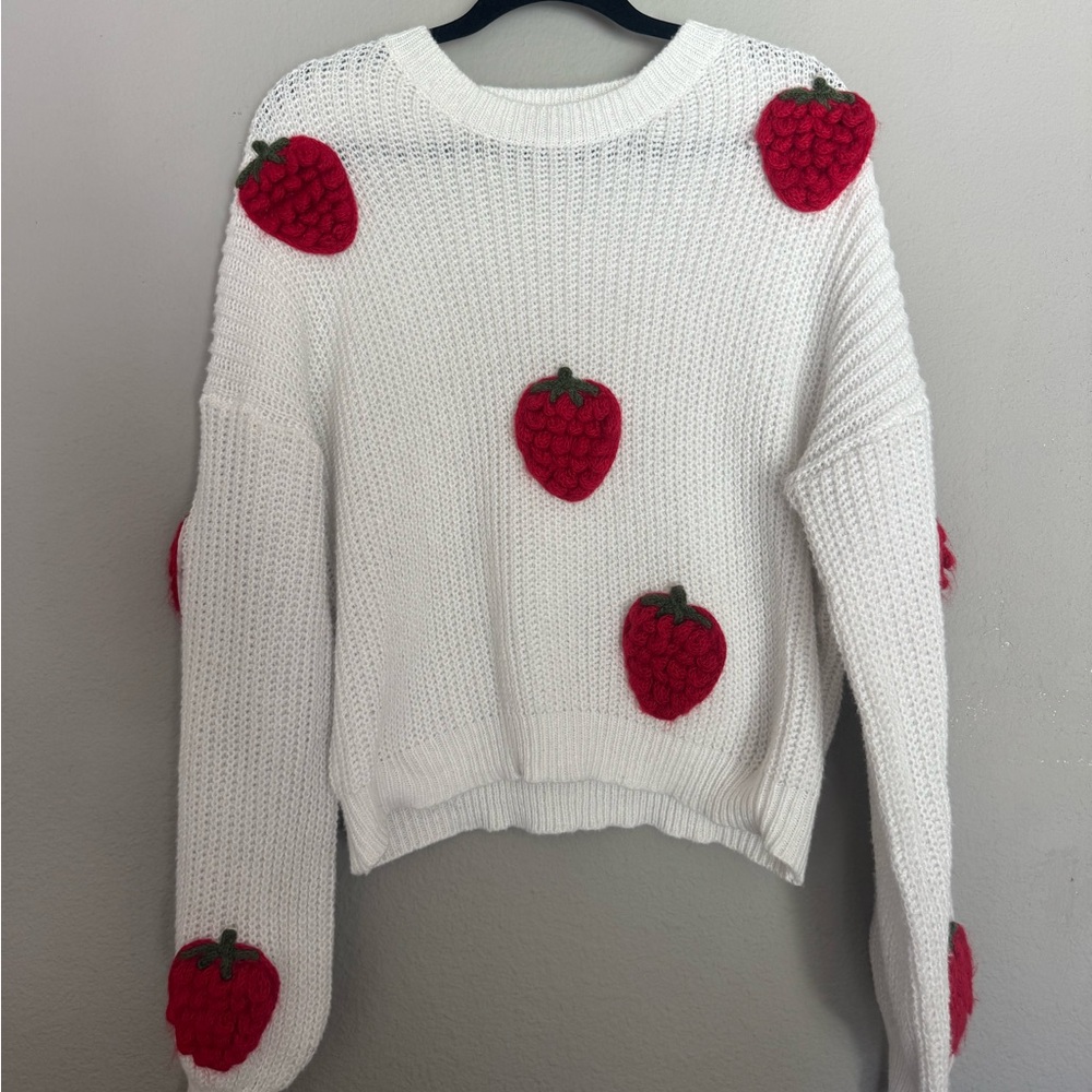 Chic White Sweater with Red Strawberry Details